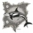 A black-grey tattoo of an orca leaping out of the water with a map of Reunion Island incorporated into its markings, representing the client's love for marine life and travel tattoo design idea