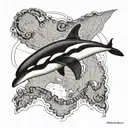 A black-grey tattoo of an orca leaping out of the water with a map of Reunion Island incorporated into its markings, representing the client's love for marine life and travel tattoo design idea