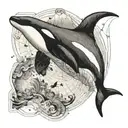 A black-grey tattoo of an orca leaping out of the water with a map of Reunion Island incorporated into its markings, representing the client's love for marine life and travel tattoo design idea