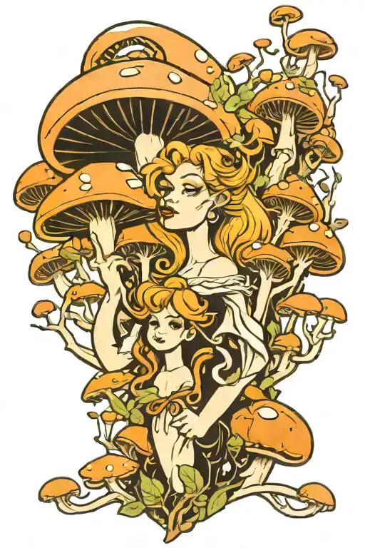 mushroom forest , women & royalty free tattoo design idea