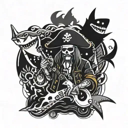 A hacker pirate navigating through a digital sea filled with cyber sharks and punk-inspired elements like neon colors and glitch effects tattoo design idea