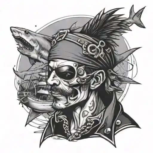 Create a tattoo of a punk pirate with a hacker eye patch, surrounded by sharks in a black-grey style tattoo design idea