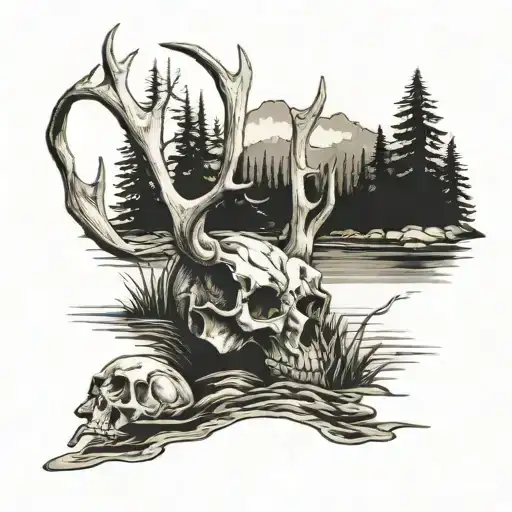 buck skull sideways lake scene inside tattoo design idea