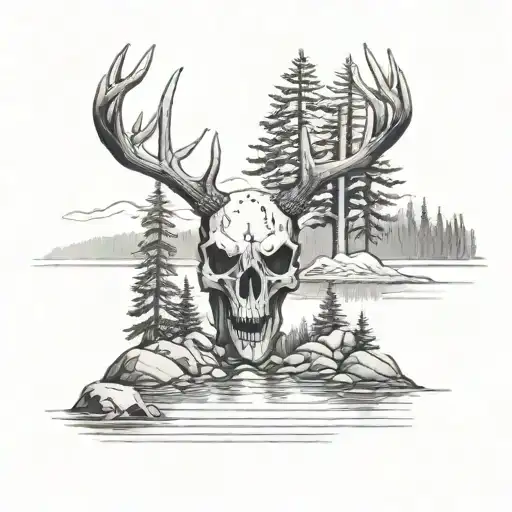 buck skull lake scene inside tattoo design idea