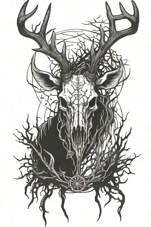 buck skull fishing between antlers tattoo design idea