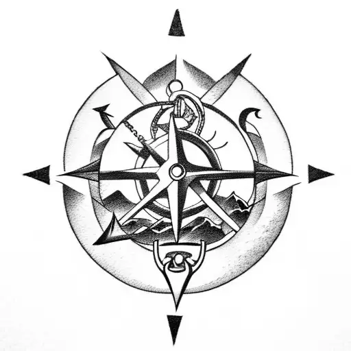 mountains, nautical compass and Anchor tattoo design idea