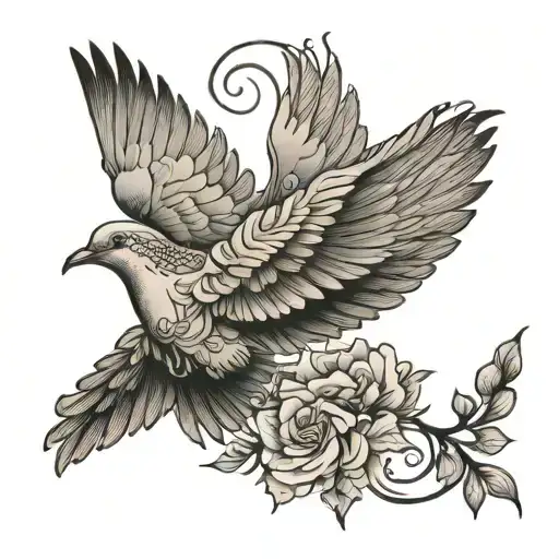 Delicate fine lineTattoo of a side view of a delicate detailed dove mid flight, carrying a cosmos branch, and has mythic tattoo design idea