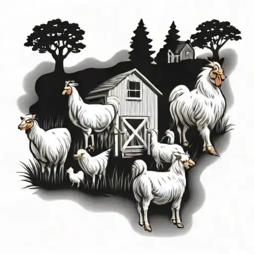An intricate tattoo design of a farm scene with all the client's favorite animals - chickens, cows, sheep, goats, pigs, and dogs - gathered together in a peaceful setting tattoo design idea