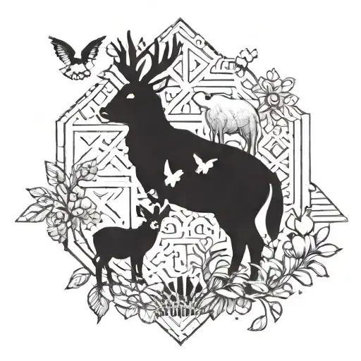 A geometric pattern incorporating all the favorite animals in a farm setting tattoo design idea