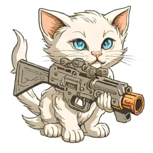 angelic white kitten holding giant gun tattoo design idea