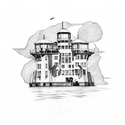 A sketch style tattoo of Alcatraz Island transformed into a giant kitchen tattoo design idea