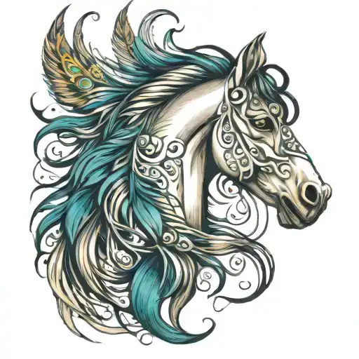 horse head with mane flowing into a peacock feather  tattoo design idea