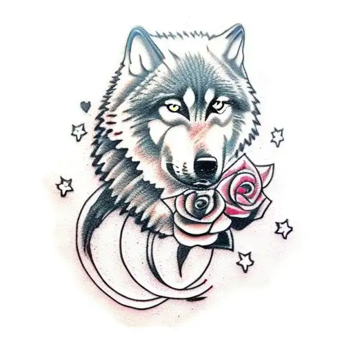 wolf with barbed wire and roses tattoo design idea