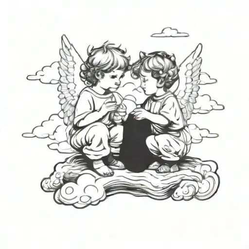two little boy angels chatting in the clouds representing two lost friend in a young age being my protectors. tattoo design idea