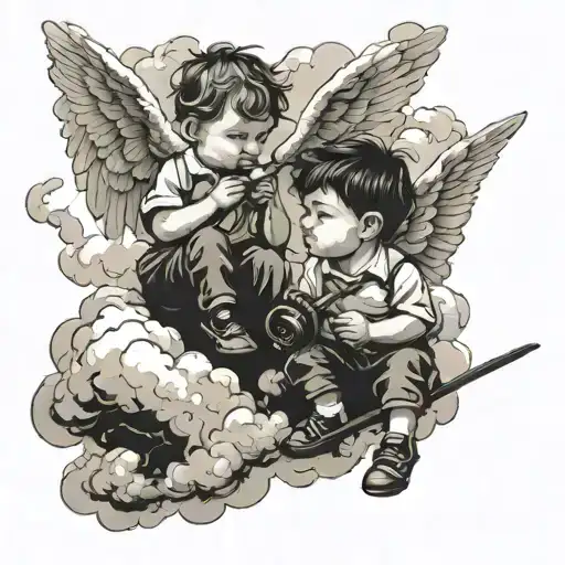 two little boy angels chatting in the clouds. one of the should be holding string instrument and another holding monocle tattoo design idea