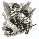 two little boy angels chatting in the clouds. one of the should be holding string instrument and another holding monocle tattoo design idea