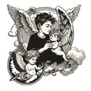 two little boy angels chatting in the clouds. one of the should be holding string instrument and another holding monocle tattoo design idea