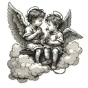 two little boy angels chatting in the clouds. one of the should be holding string instrument and another holding monocle tattoo design idea