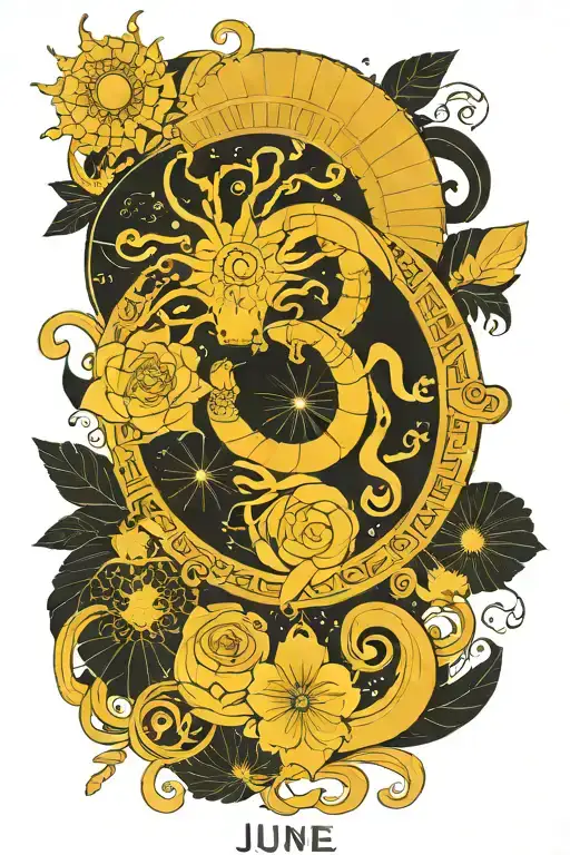 ANCIENT GREEK LINE ART OF JUNE. CANCER ASTROLOGY SIGN, SYMETRICAL, GREEK BEAUTY, GOLD AND JEWELS, HIGHLY DETAILED tattoo design idea