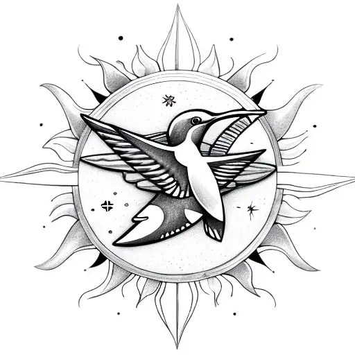 Sun and Moon, hummingbird, compass, turtle, arrow, mandala, horse, dolphin, melia flower tattoo design idea