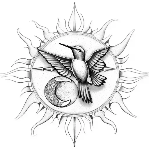 Sun and Moon, hummingbird, compass, turtle, arrow, mandala, horse, dolphin, melia flower tattoo design idea