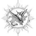 Sun and Moon, hummingbird, compass, turtle, arrow, mandala, horse, dolphin, melia flower tattoo design idea