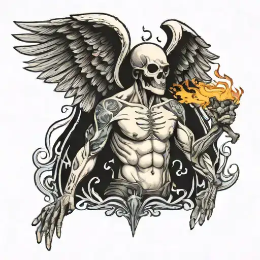 man doing pull-ups with skull head and breathing fire through the angel wings on his back tattoo design idea