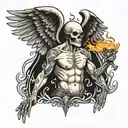 man doing pull-ups with skull head and breathing fire through the angel wings on his back tattoo design idea