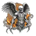 man doing pull-ups with skull head and breathing fire through the angel wings on his back tattoo design idea