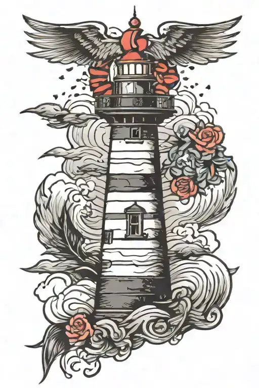 lighthouse in the middle of a storm with a wreath around the edge tattoo design idea