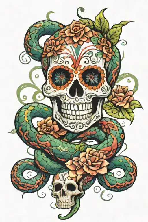 sugar skull and snake tattoo design idea