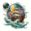 boat in stormy seas with posieden looking up at a constellation of 4 stars tattoo design idea