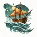 boat in stormy seas with posieden looking up at a constellation of 4 stars tattoo design idea