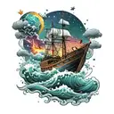 boat in stormy seas with posieden looking up at a constellation of 4 stars tattoo design idea