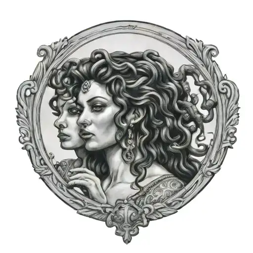 Black Medusa looking at herself in the mirror as she was before. Another woman holding the mirror she's looking through tattoo design idea