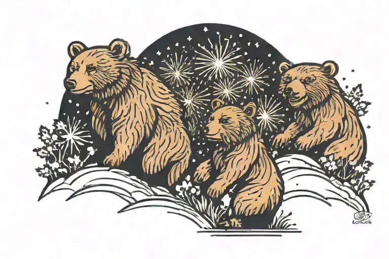 firework display with 2 bears watching on a hill tattoo design idea