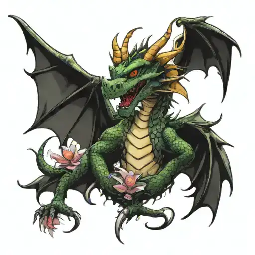 happy looking dragon with fairies  tattoo design idea