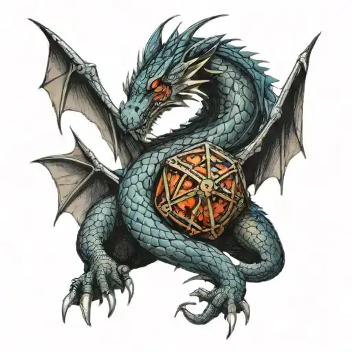 Dragon: A detailed, fierce dragon with scales and wings, coiling around the D20 dice. The dragon's tail and wings wrap D tattoo design idea