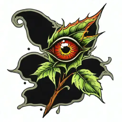weed leaf melting with a red eye inside representing a seed tattoo design idea
