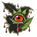 weed leaf melting with a red eye inside representing a seed tattoo design idea
