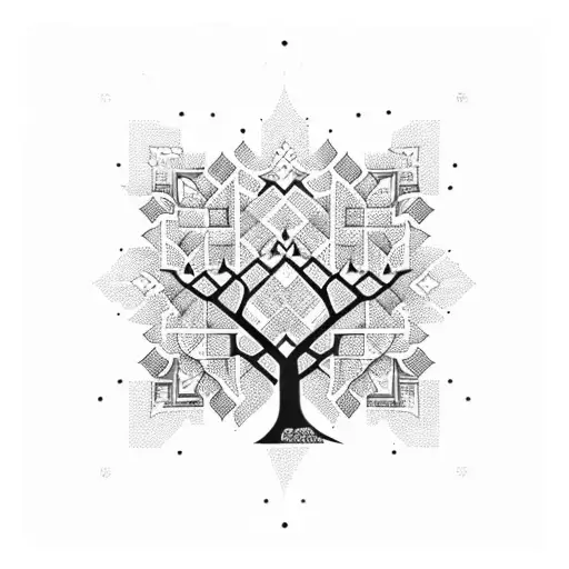 A majestic cedar tree intertwined with a Moroccan mosaic pattern tattoo design idea