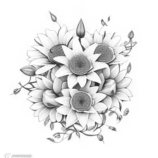 A bouquet of Lily, Daisy, and Dahlia flowers intertwined with vines tattoo design idea