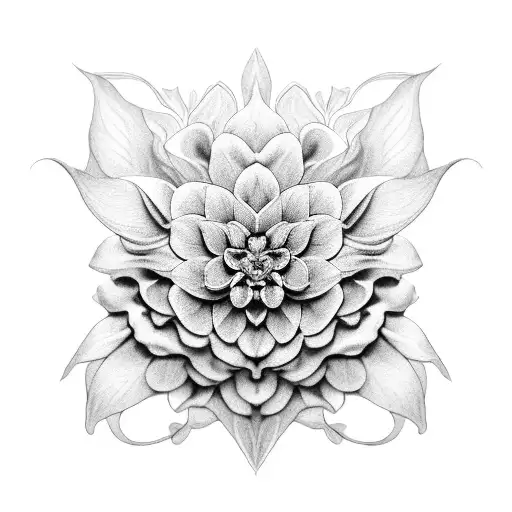 A black and grey Dahlia flower with intricate vine patterns tattoo design idea