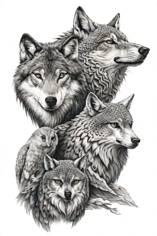 Wolf and Owl side by side representing different aspects tattoo design idea