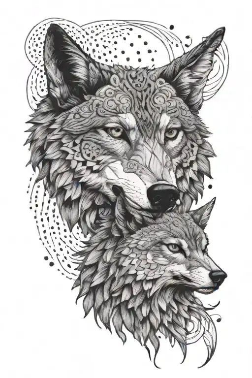 Wolf and Owl head side by side representing tattoo design idea