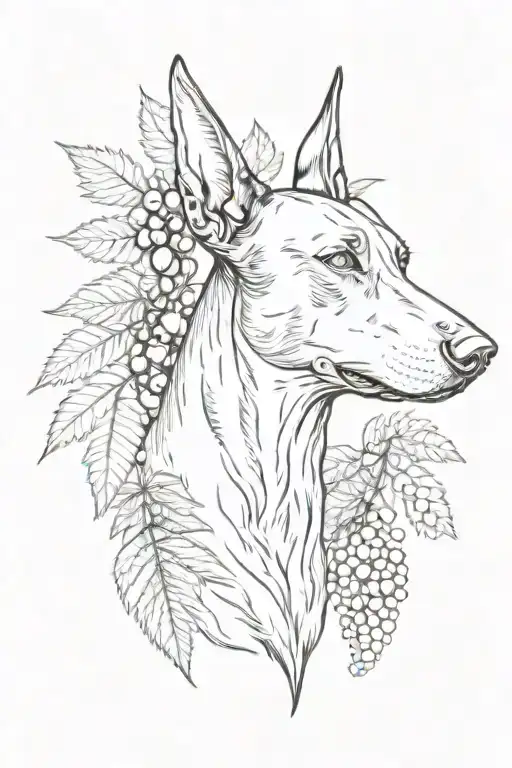 doberman head and mulberry fruit with intertwined ferns tattoo design idea