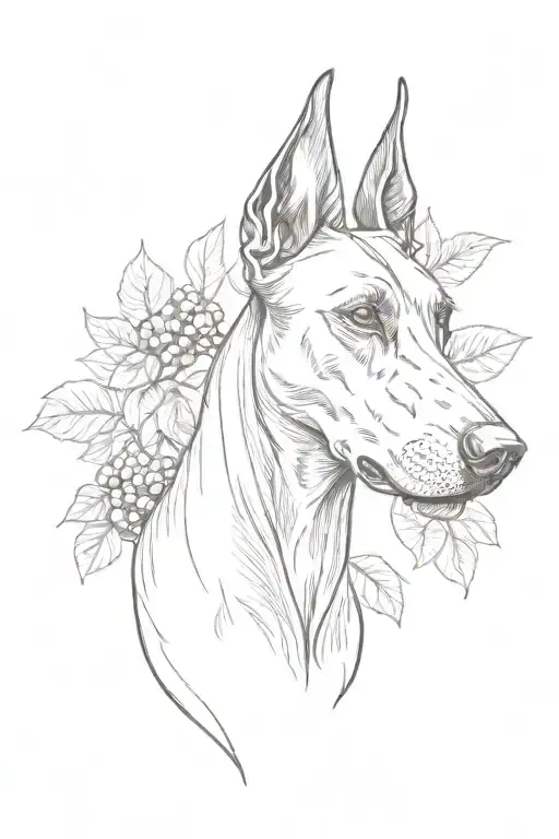 doberman head and mulberry tree and flowers tattoo design idea