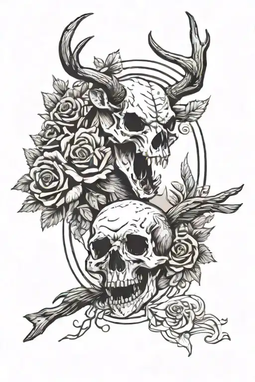 framed american traditional with a bear, rose, deer skull, crow, and burning apple tattoo design idea