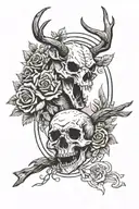 framed american traditional with a bear, rose, deer skull, crow, and burning apple tattoo design idea