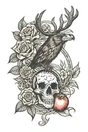 framed american traditional with a bear, rose, deer skull, crow, and burning apple tattoo design idea
